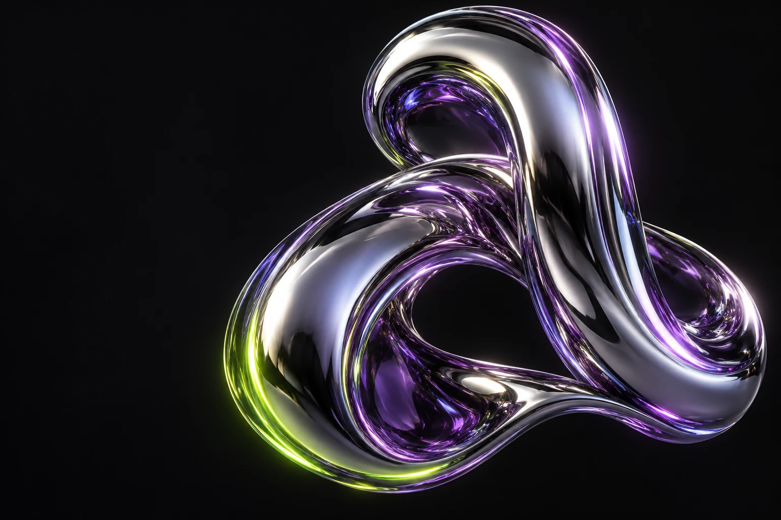 An interwoven liquid chrome sculpture with lime and violet reflections